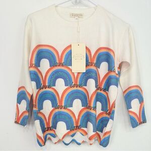 Hannah Banana Rainbow Love Colorful Sparkle Love Script Crewneck Sweater NEW